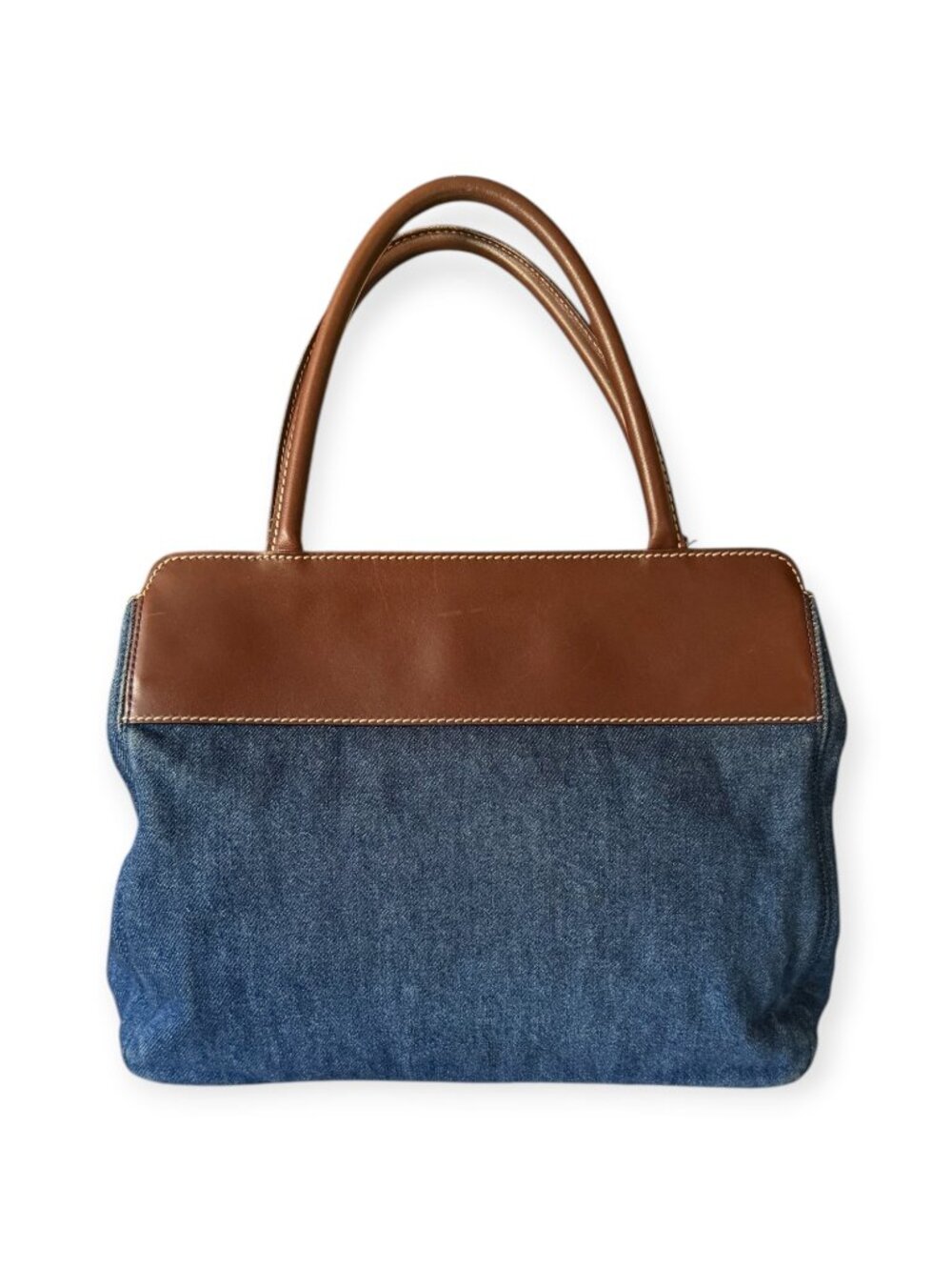 Vintage Chanel Blue Denim CC Logo Tote Bag | Brown Leather Trim - Picture 4 of 8